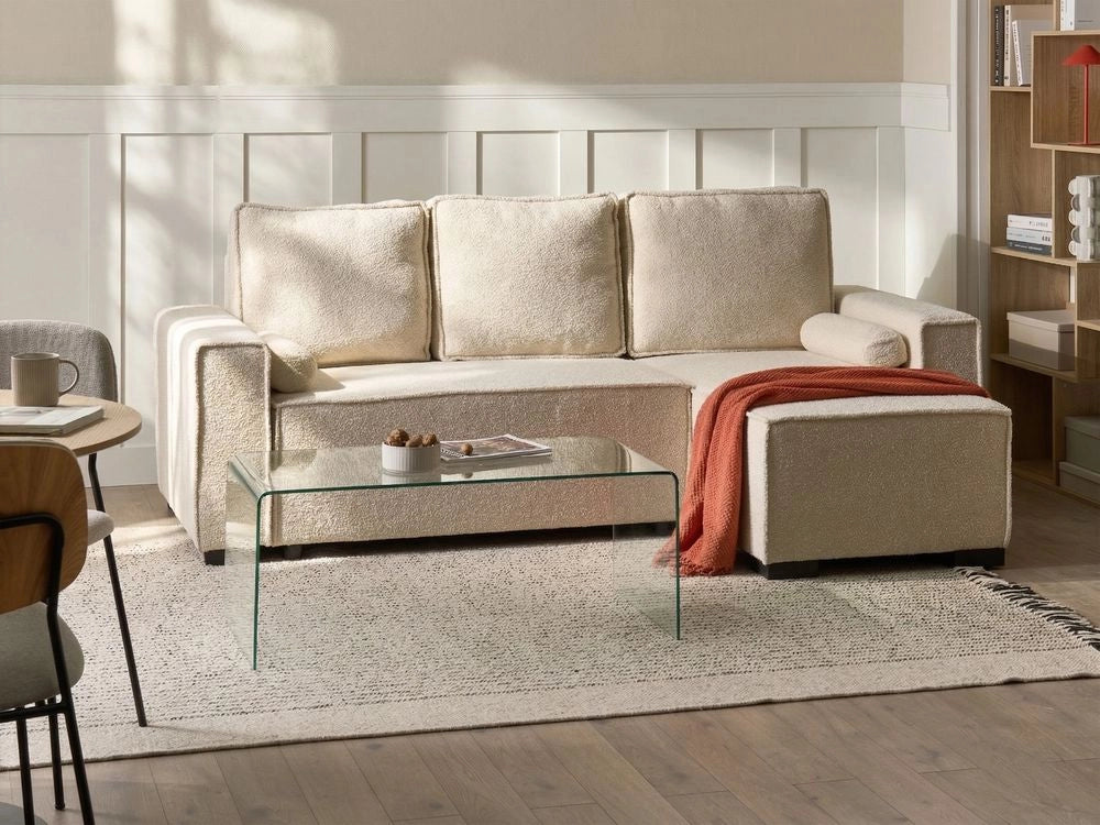 Divano letto angolare a 3 posti rivestimento in bouclé verde chiaro configurazione a sinistra con braccioli contenitori reversibile stile moderno per soggiorno