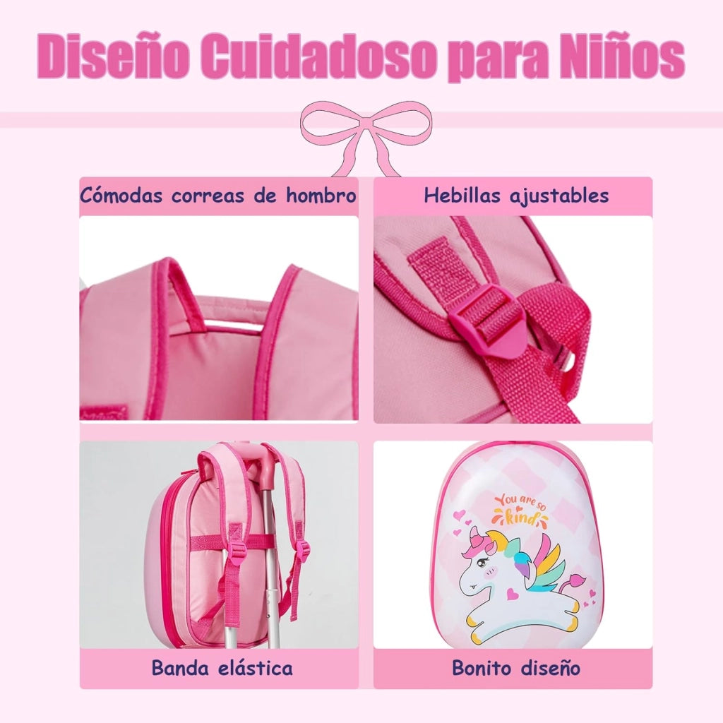 Set di Valigia 16’’ + Zaino 12’’ per Bambini 2 Pezzi, Bagagli 2-in-1 con Zainetto da Viaggio Aereo, Trolley con Maniglia Telescopica e 4 Ruote a 360° (Rosa Unicorno-A)