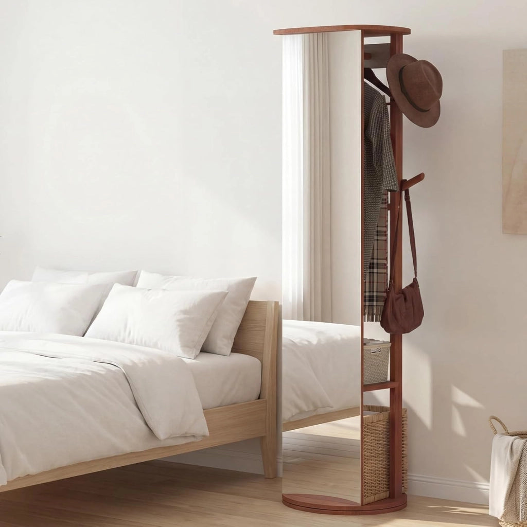 Appendiabiti Girevole a 360° con Specchio, Specchio a Figura Intera da Terra con Ripiani e Ganci, Appendiabiti per Soggiorno, Camera da Letto e Guardaroba (Stile 3)