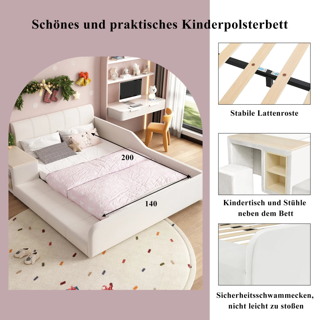 Letto Combinato 140 x 200 cm - Scrivania; Sgabello e Mensola - in Velluto - Bianco