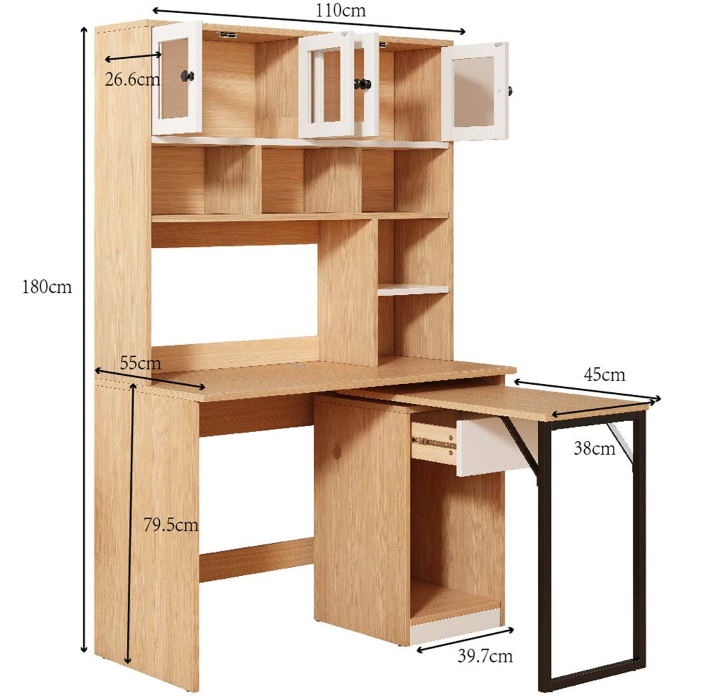Scrivania con mobile contenitore e piano girevole; MDF; bianco e naturale