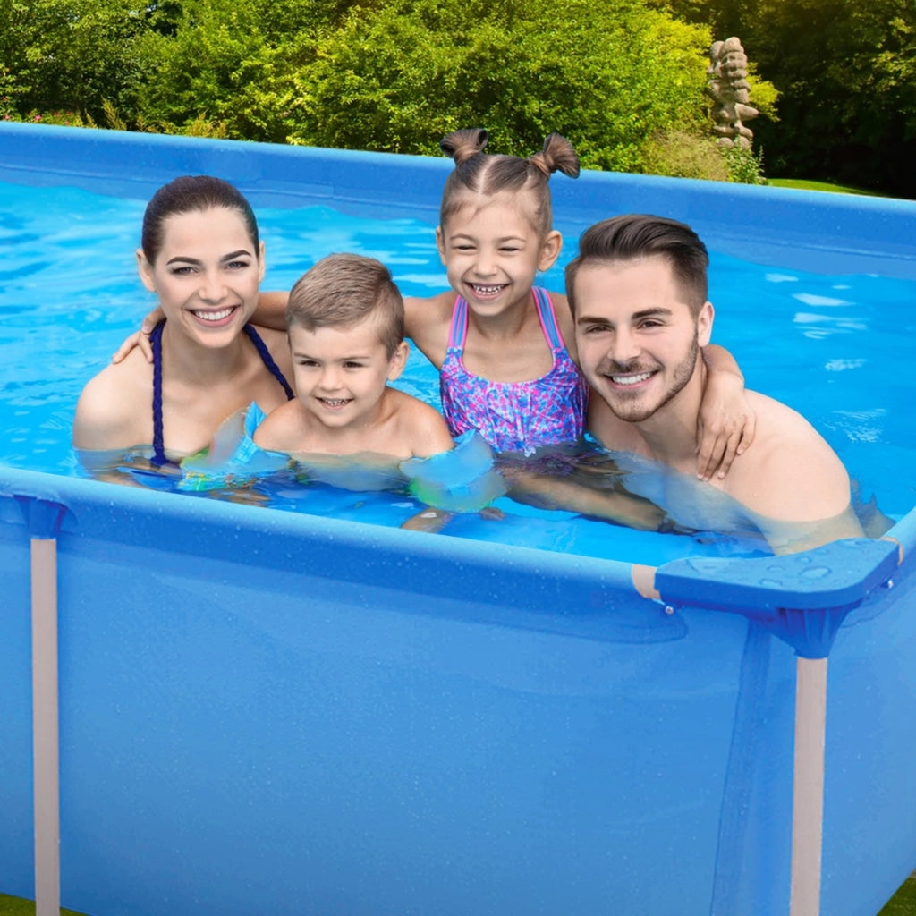 Piscina fuori terra cartuccia e struttura in metallo 258 cm x 179 cm x 66 cm, Piscina rettangolare grande con pompa filtro Blu-Nuotare