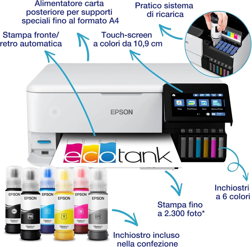 EcoTank ET-8500 Ad inchiostro A4 5760 x 1440 DPI 32 ppm Wi-Fi (Epson EcoTank ET-8500 Inkjet Printer Multi Function 6 Inks)