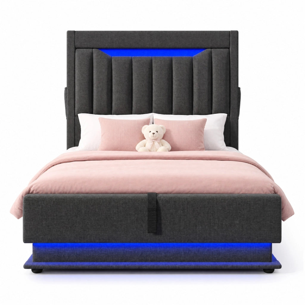 Letto singolo imbottito 90x200 cm con LED, testiera con ricarica USB e Type-C, grigio