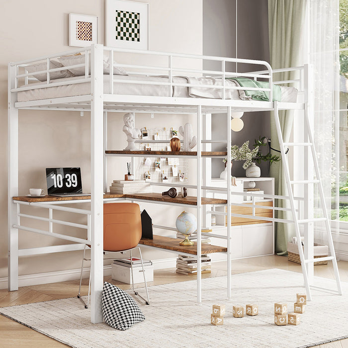 Letto a soppalco con scrivania - Xylo - 90x200 cm - Bianco - Scaffali, ringhiera, scala, struttura in ferro