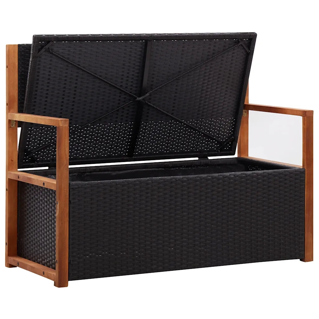 Cassapanca-Panca con Contenitore-Baule 115 cm in Polyrattan e Legno Massello di Acacia Nero