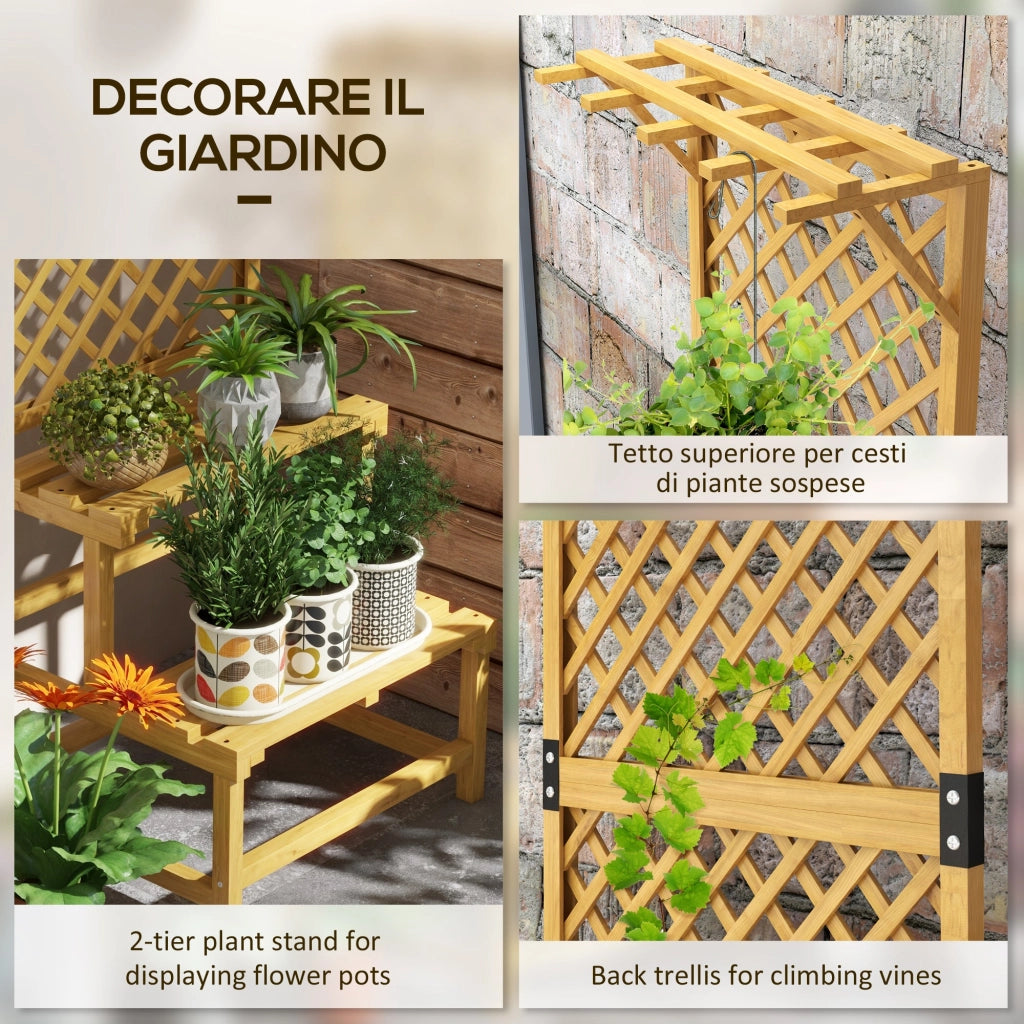 Fioriera con Grigliato a 2 Livelli con Tetto e Ripiani a Doghe 60x50x166 cm in Legno di Abete