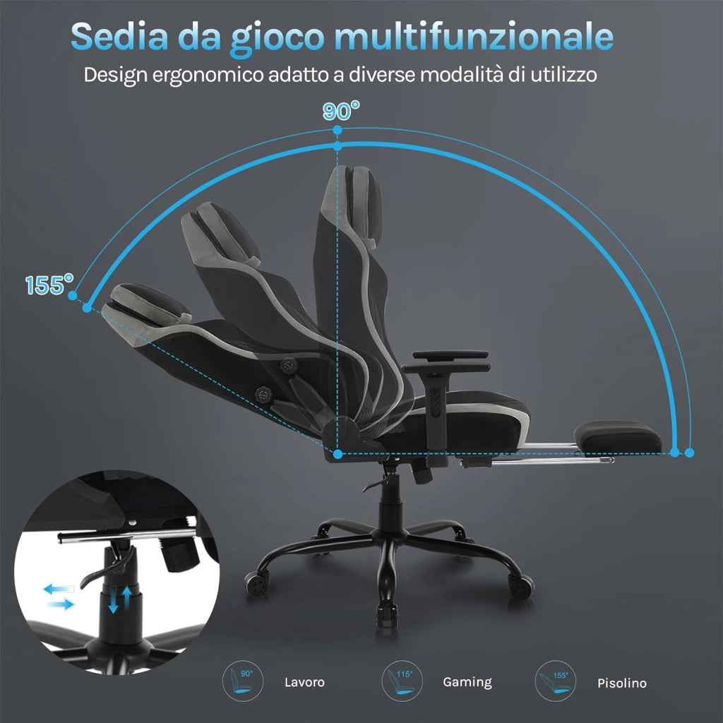 Sedia Gaming, Sedia da Corsa con Spugna Integrata a Lunga Durata e Supporto Lombare Adattivo Incorporato, Velluto, Nero + Grigio, GS05szg