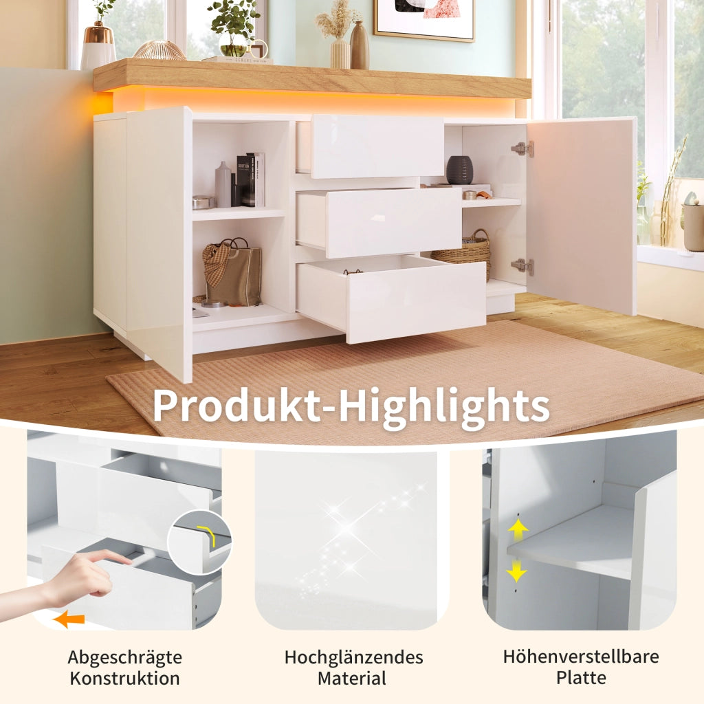 Credenza e madia a 2 ante e 3 cassetti con LED; ripiani regolabili; per soggiorno e camera; 140 Ã— 39 Ã— 81 cm