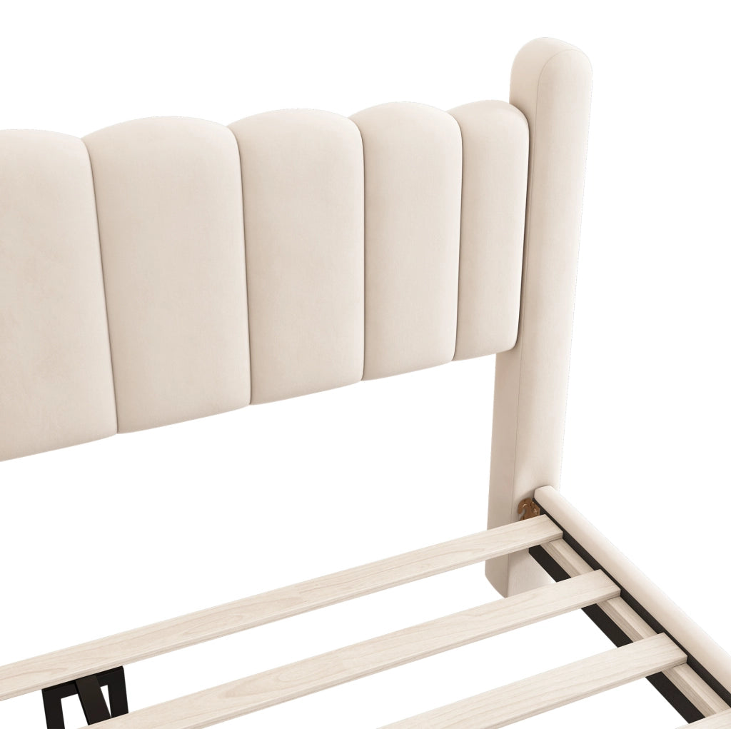 Letto imbottito 180x200 cm in velluto beige con testiera ondulata e rete a doghe