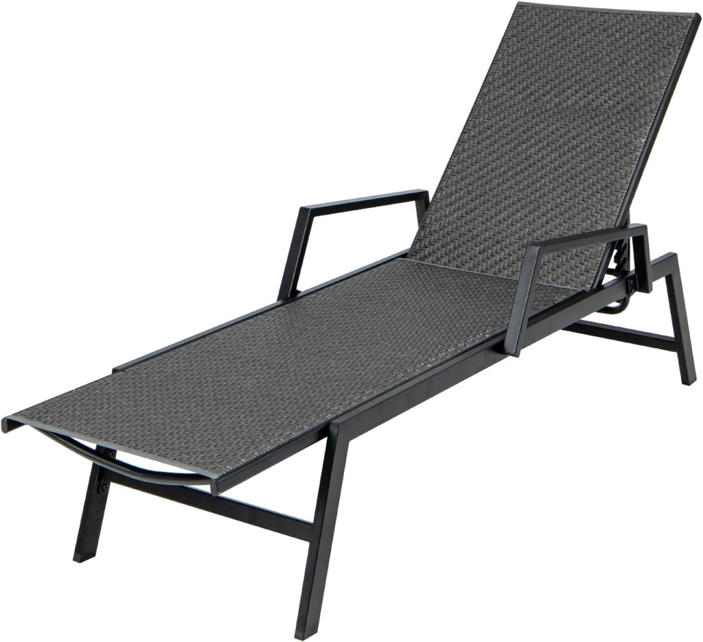 Lettino Prendisole da Giardino in Rattan, Poltrona Reclinabile da Esterno, Sdraio Giardino con Schienale Regolabile in 5 Posizioni, Telaio in Metallo Robusto, per Spiaggia, Balcone, Piscina