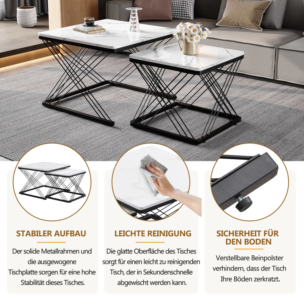Tavolino basso modulare in set da 2 con finitura marmo lucida, piedini regolabili, MDF nero e bianco