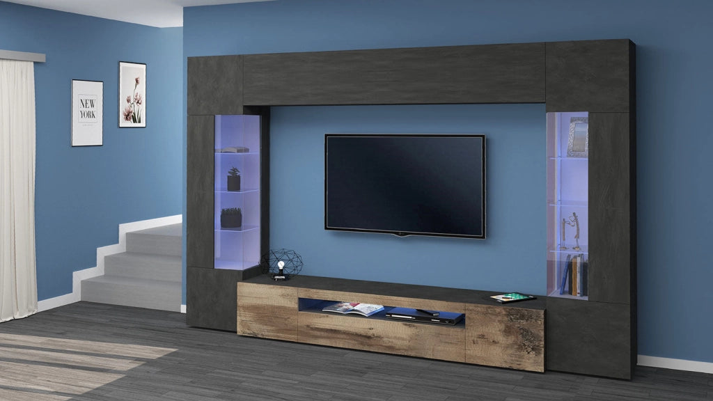 Parete Attrezzata Soggiorno 290x40x190 cm New Egypt Ardesia/Acero Pereira