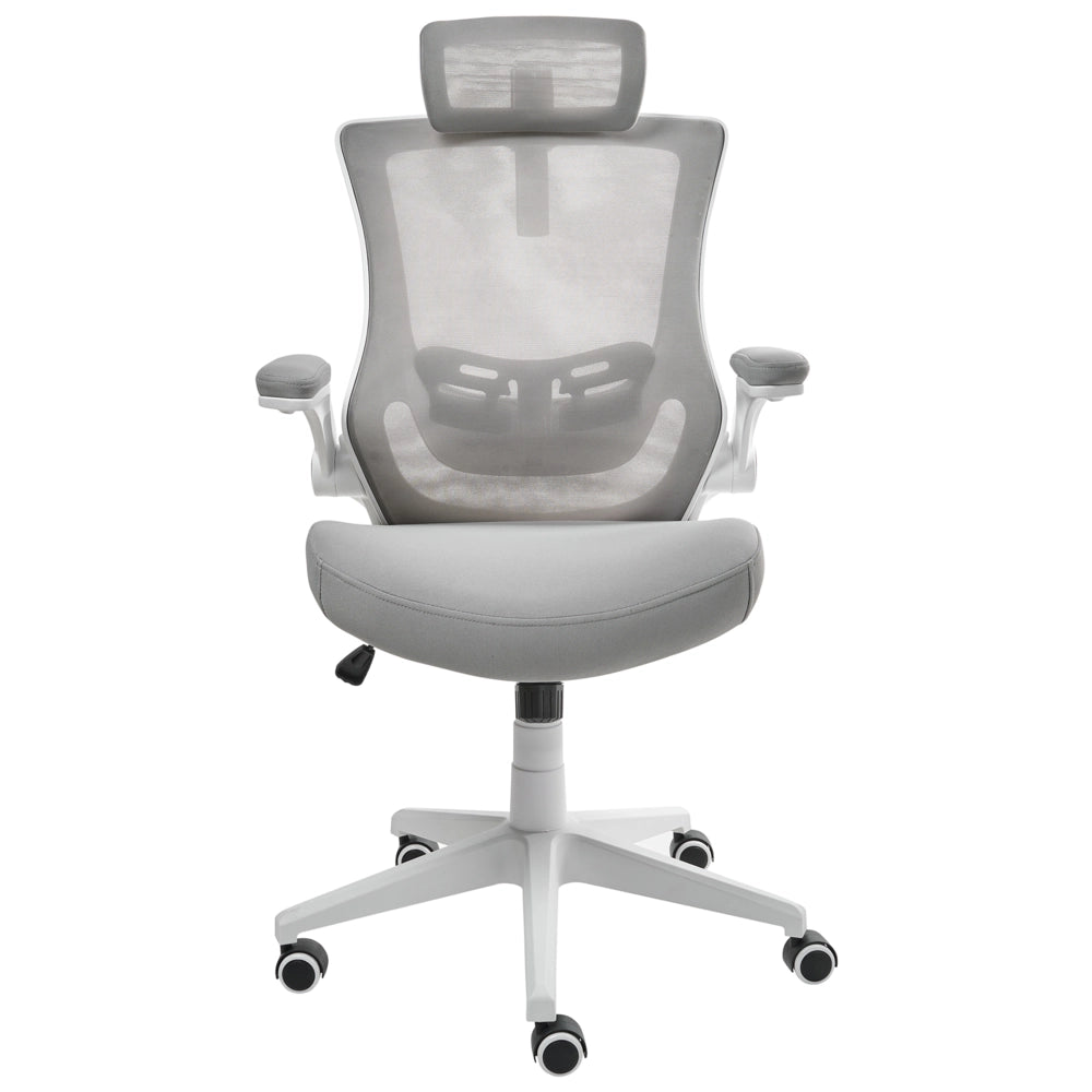 Sedia da ufficio professionale con rivestimento in mesh grigio chiaro Poggiatesta e braccioli regolabili Sedile pneumatico Base girevole