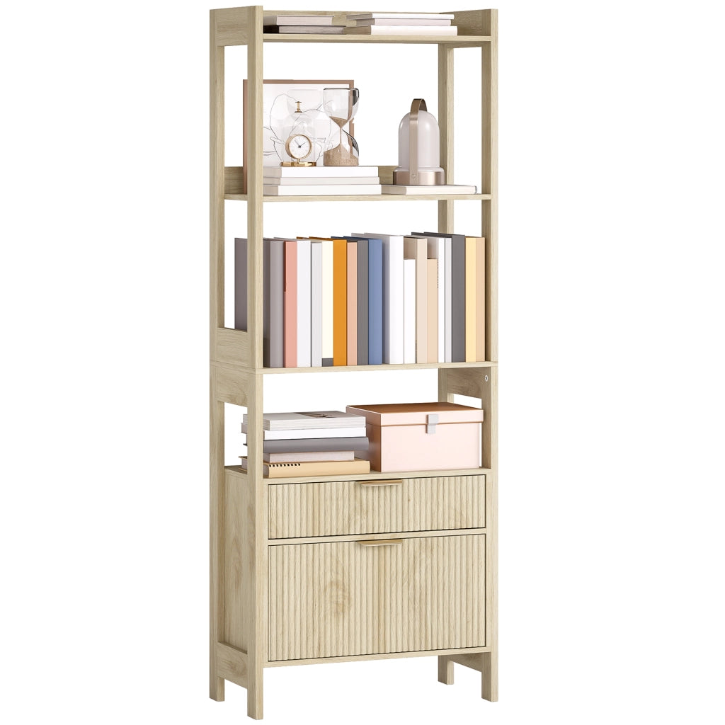 Libreria alta con 4 ripiani aperti e 2 cassetti ¨C Xylo ¨C legno naturale 60x30x160 cm