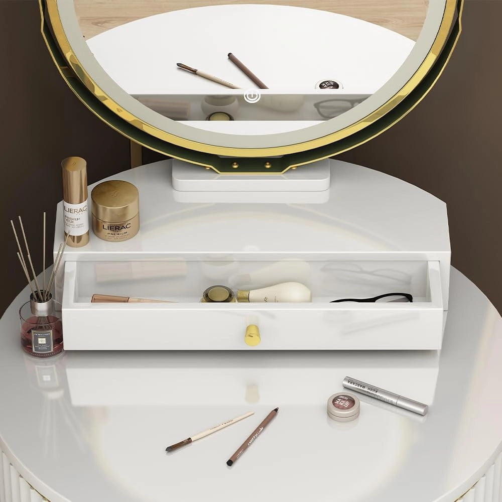Tavolo da toilette Gesa, Bianco, 60 cm con specchio a LED in 3 tonalità di bianco, dimmerabile, inclusa panca e controllo touch per illuminazione LED