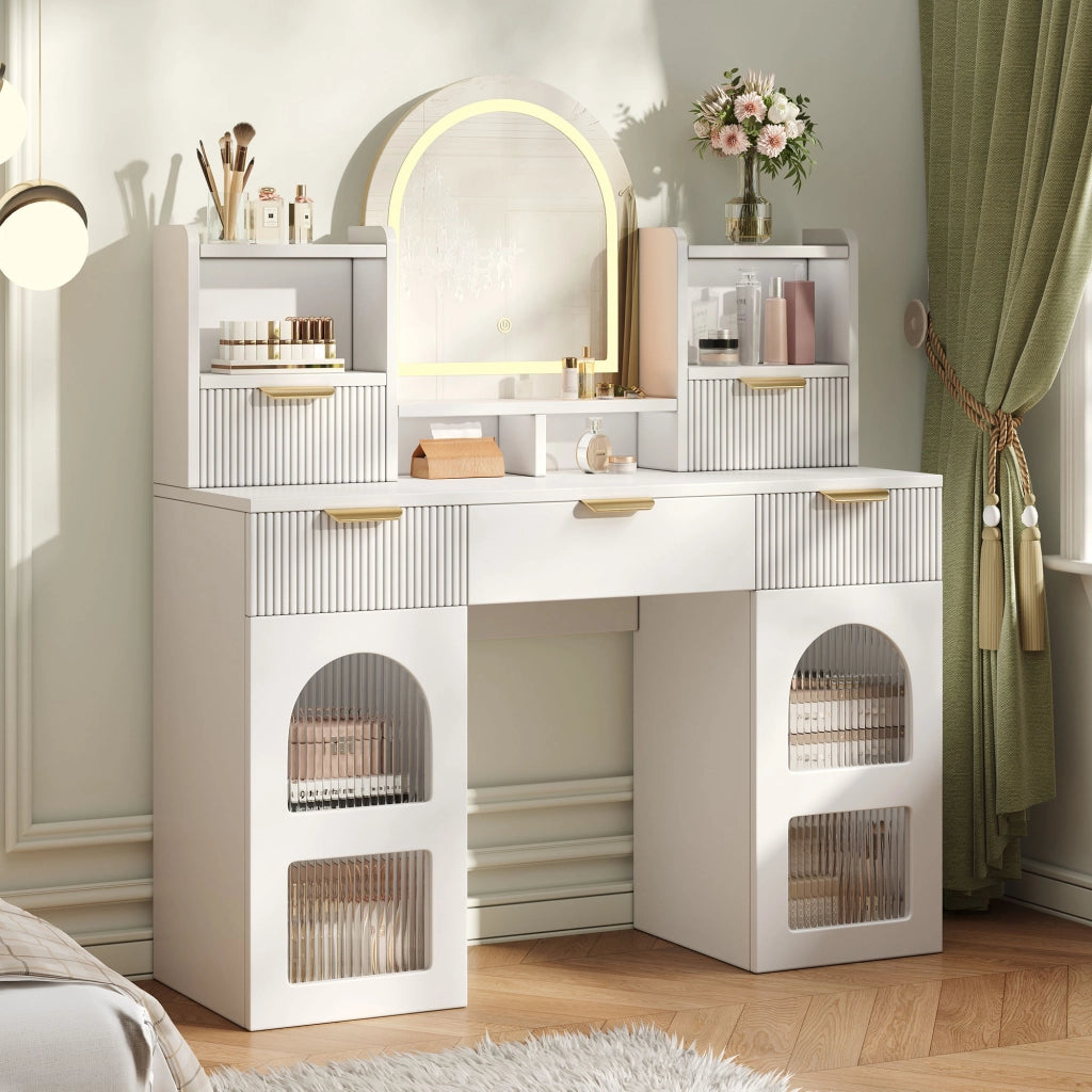 Tavolo trucco con specchio LED, 3 cassetti, vetrine in vetro e ripiani, bianco, 120¡Á40¡Á139,5 cm