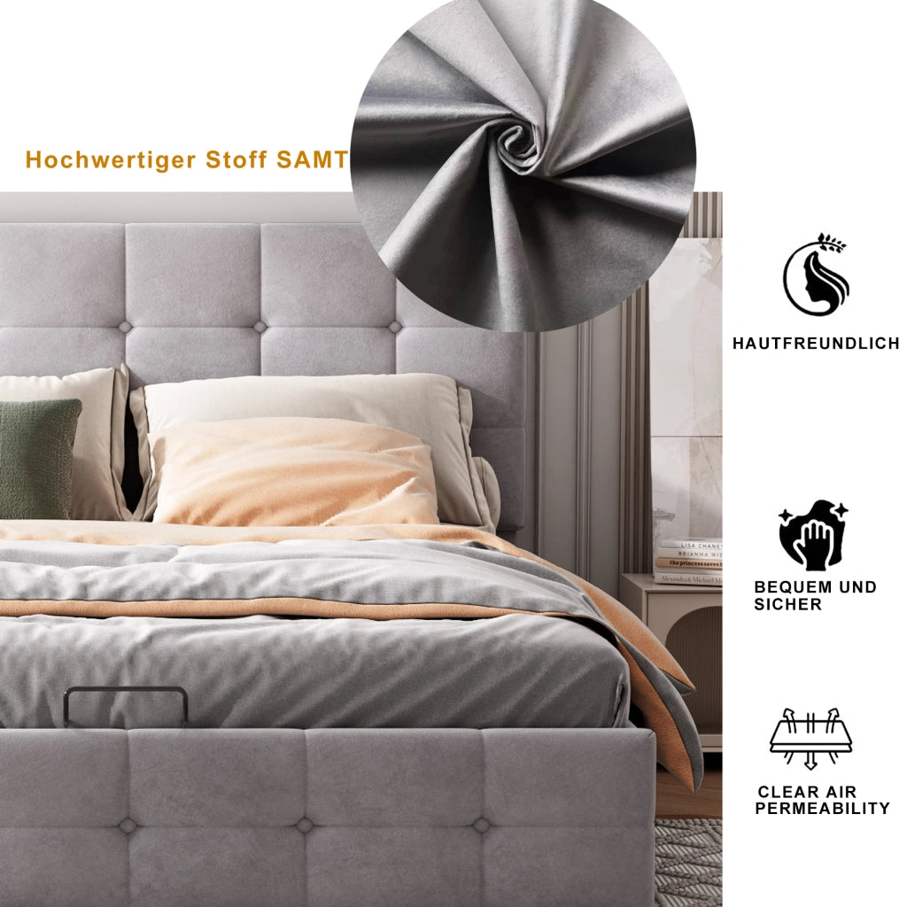 LETTO Contenitore 140x200 cm in Velluto Grigio con rete a doghe