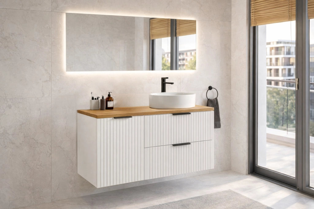 Set mobili bagno 100 cm con piano e mobile con cesto portabiancheria Adel White 100 x 1401 x 46 cm