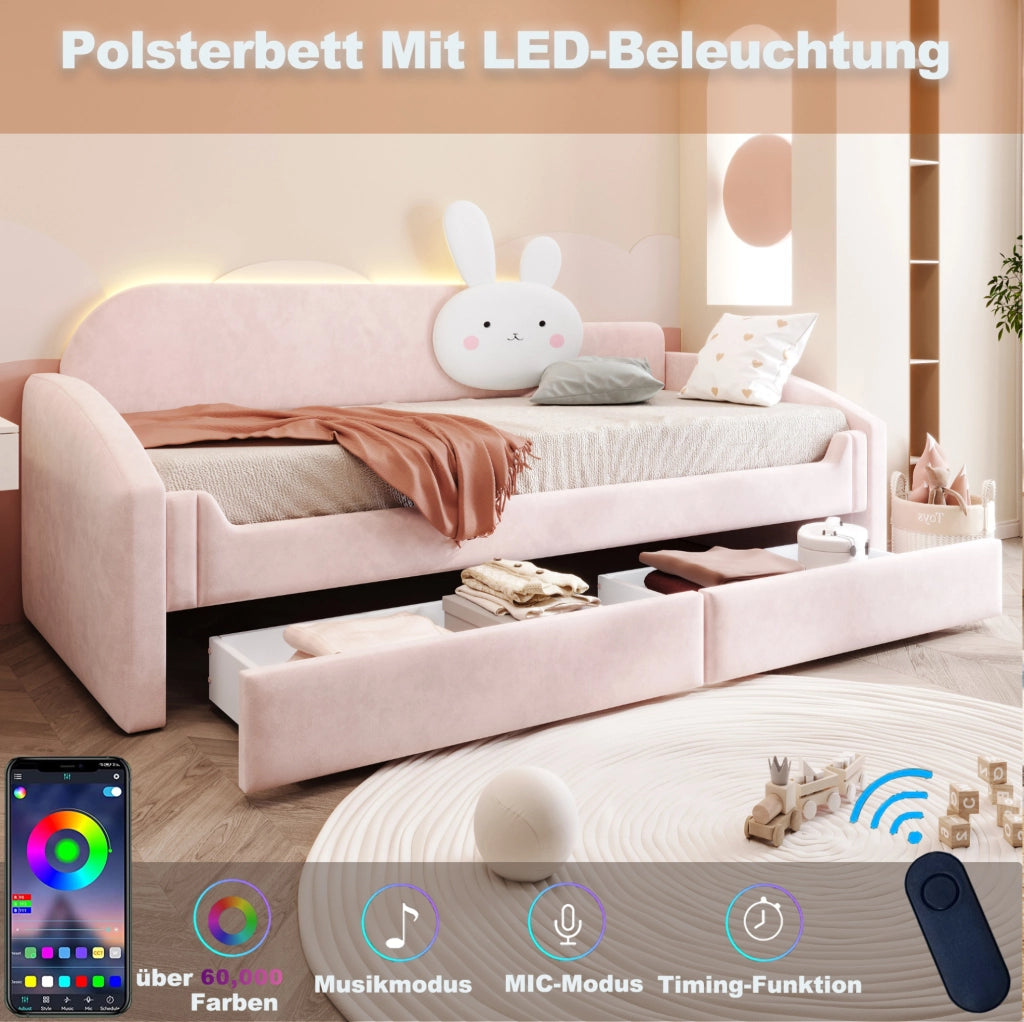 Letto bambino con contenitore 90x200 cm; LED; velluto rosa; con cassetti e cuscino coniglietto