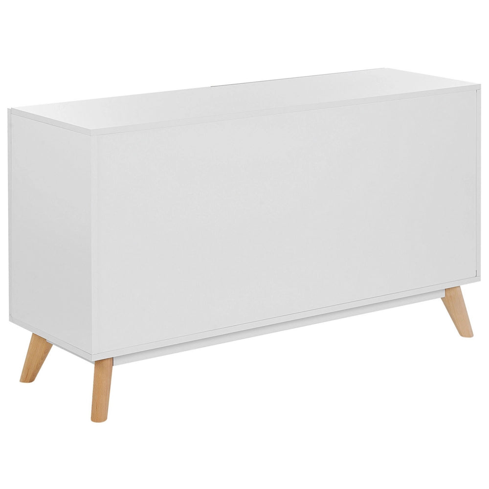 Credenza Bianca e Legno Chiaro MDF 2 Cassetti Scaffali Armadio Gambe in Legno Portaoggetti Soggiorno