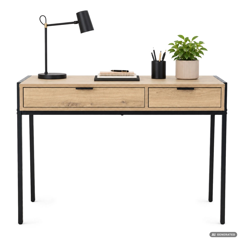 Scrivania industriale per computer Rovere Artisan ZENTIA 100 cm 2 cassetti gambe nere