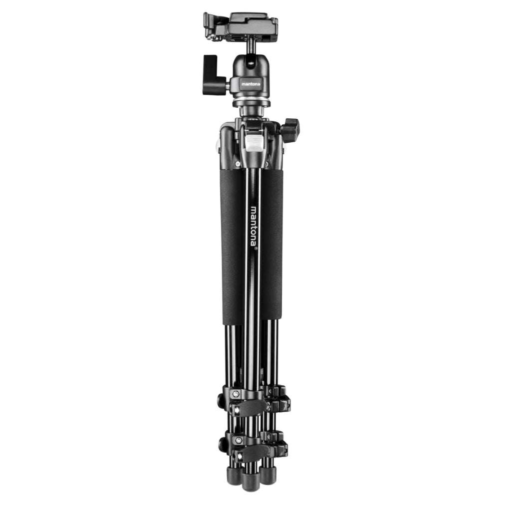 Mantona Basic Scout Max Set Treppiede fotografico, treppiede per fotocamera fino a 160 cm + braccio di estensione, testa a sfera colonna centrale reversibile