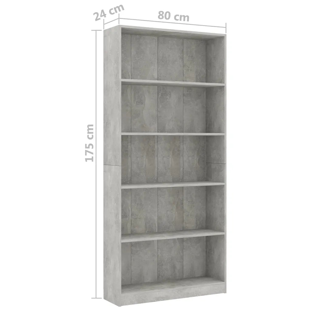 Libreria 5 Ripiani Grigio Cemento 80x24x175cm Legno Multistrato 800922