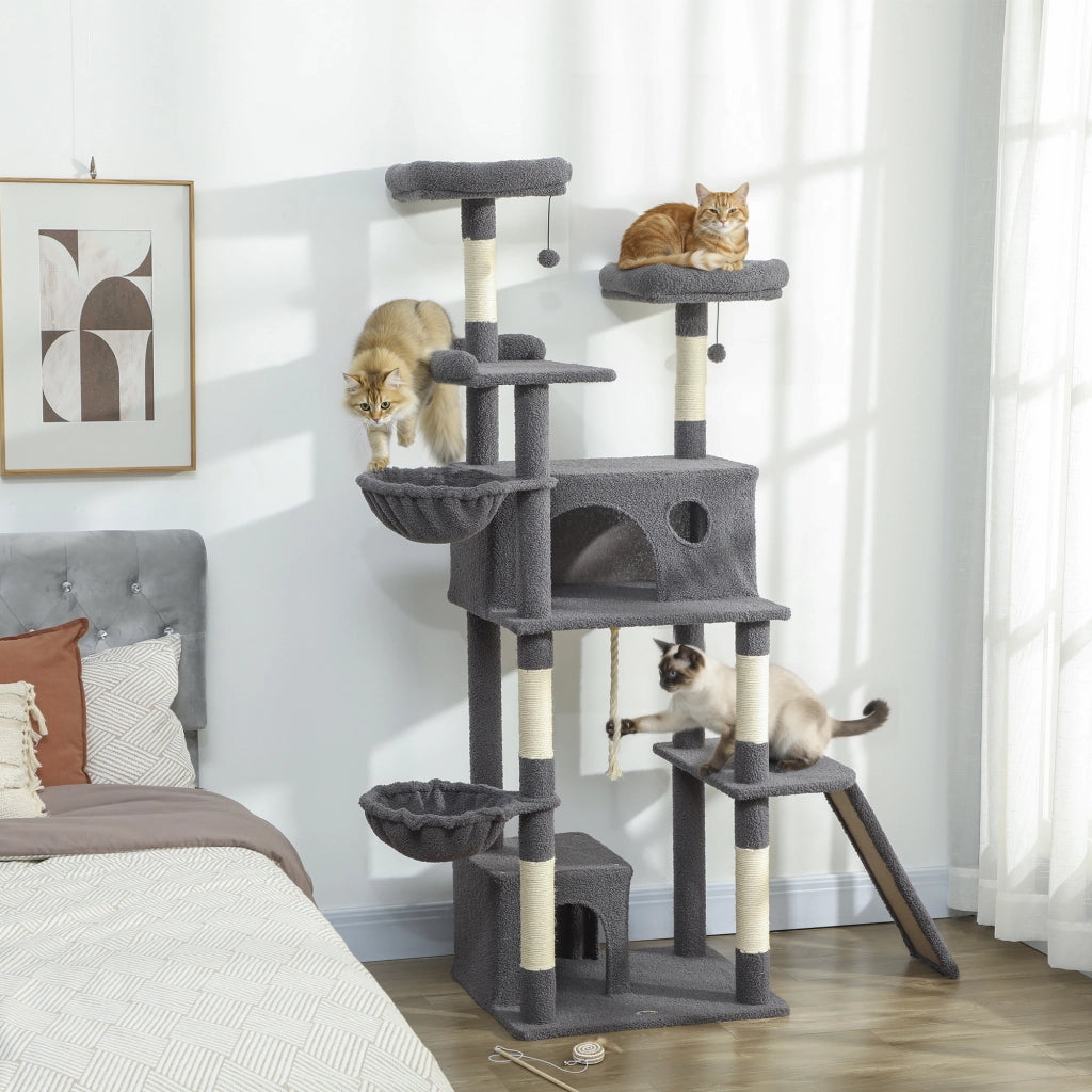 Arbre a Chat con Grigliatoio 3 Letti 2 Nicchie e 3 Giocattoli ¨C zephmum ¨C Grigio 174 cm