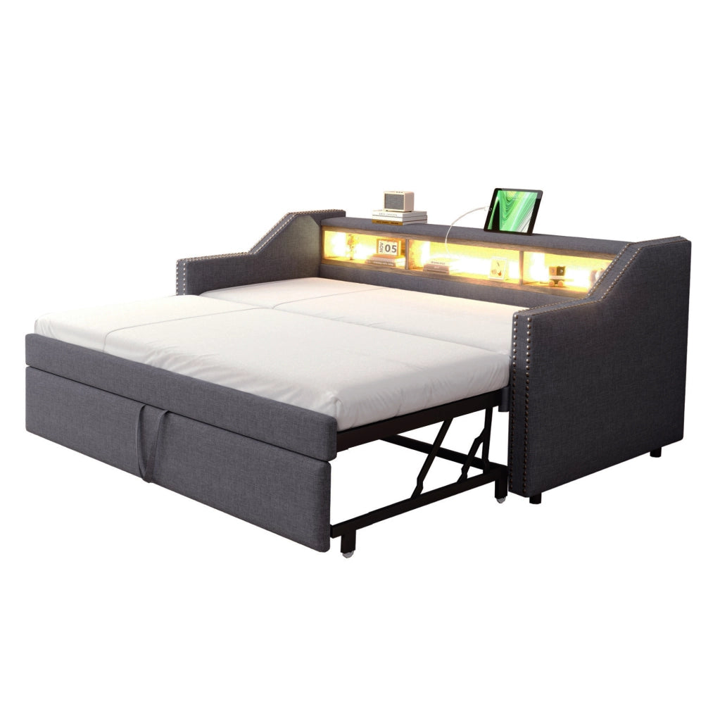 Divano letto imbottito estraibile 90/180x190 cm con LED; USB e 2 materassi; grigio scuro