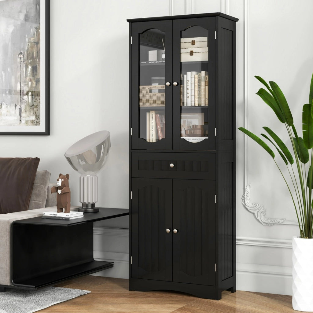 Armadio da bagno alto-Mobiletto da bagno 160cm con 2 porte in vetro 2 ripiani regolabili e 1 cassetto, Mobile autonomo per cucina Nero