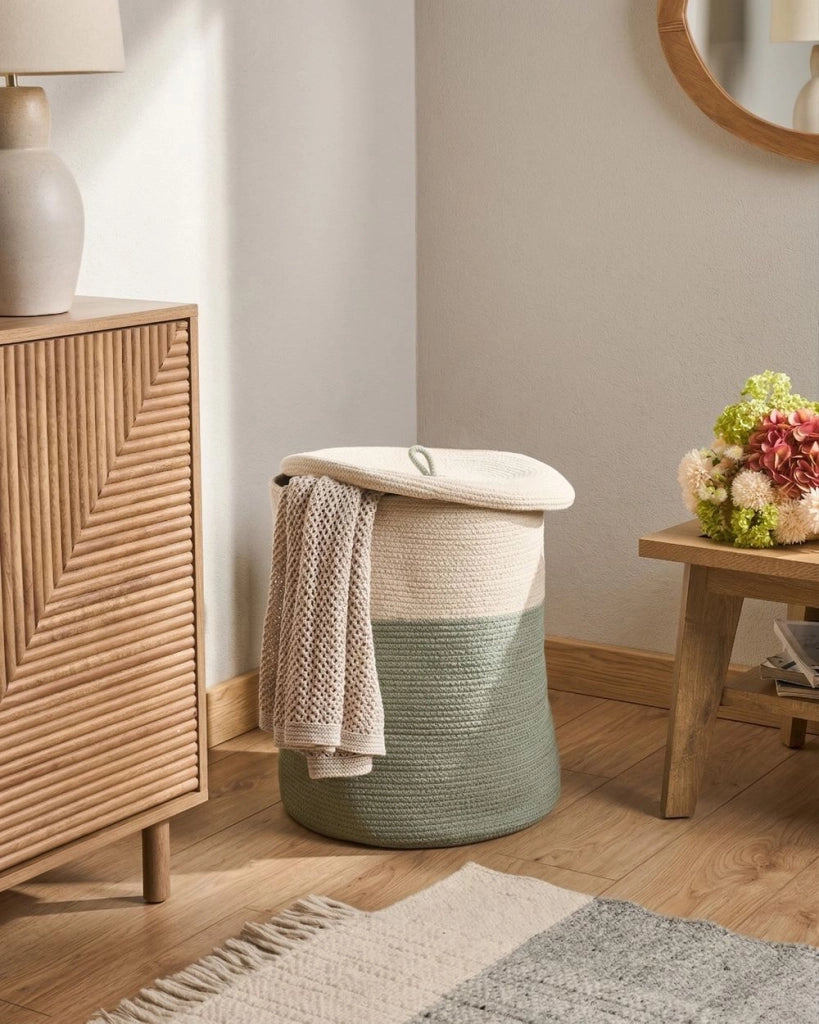 Cesto portaoggetti in cotone beige chiaro e verde con coperchio, cesto per la biancheria, accessori in stile boho