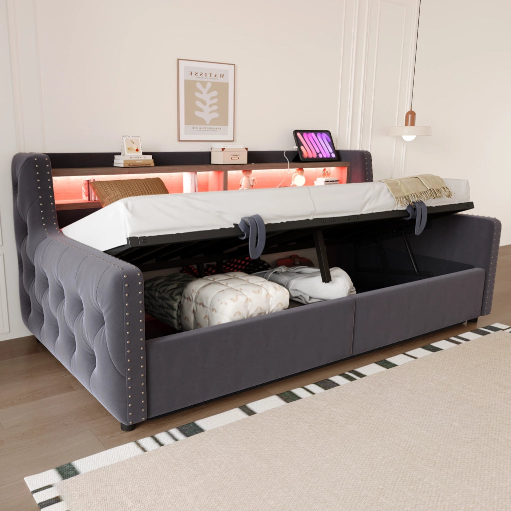 Letto divano con vano contenitore idraulico velluto 90x200 cm