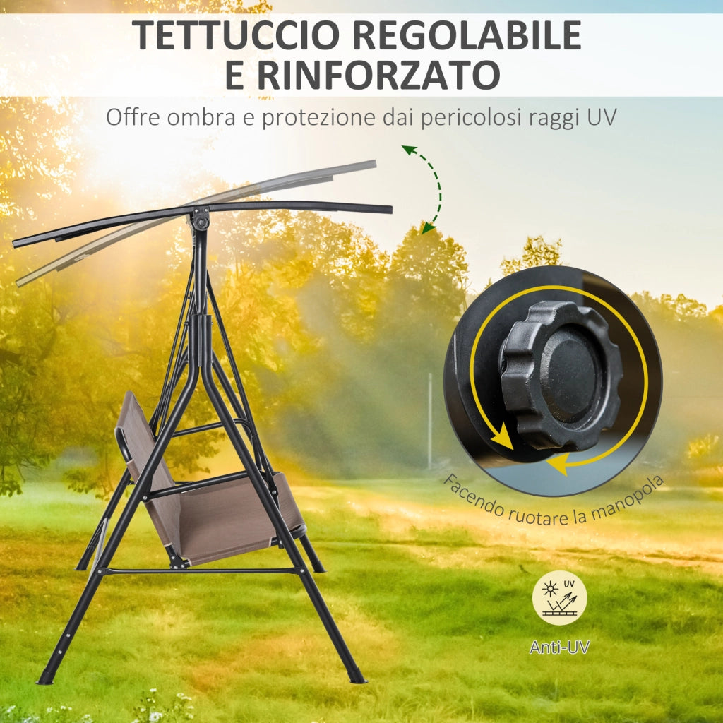 Dondolo da Giardino Terrazza 2 Posti con Tettuccio Regolabile in Metallo e Texteline 172x110x155cm Marrone