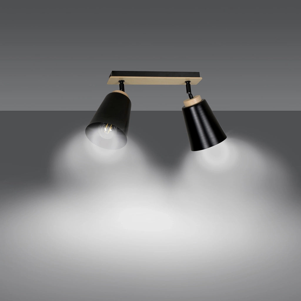 Plafoniera Faretti Spot Orientabili 2 Luci Xiwangmu Acciaio Nero E Legno Naturale