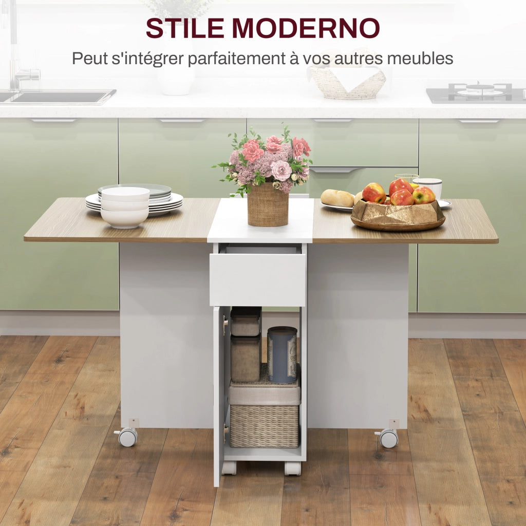 Tavolo da pranzo allungabile rettangolare con cassetti e armadietto ¨C zephmum ¨C Bianco e legno 140x76x74 cm