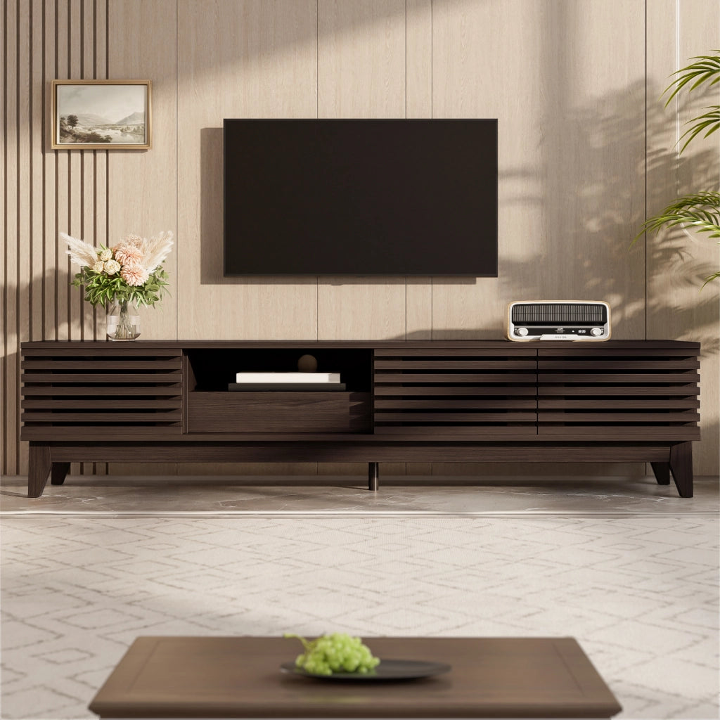 Mobile TV con 3 Ante; 1 Cassetto e Vani Aperti; Passacavi; per Soggiorno; in Pannelli di Particelle; 170 × 35 × 40 cm; Naturale