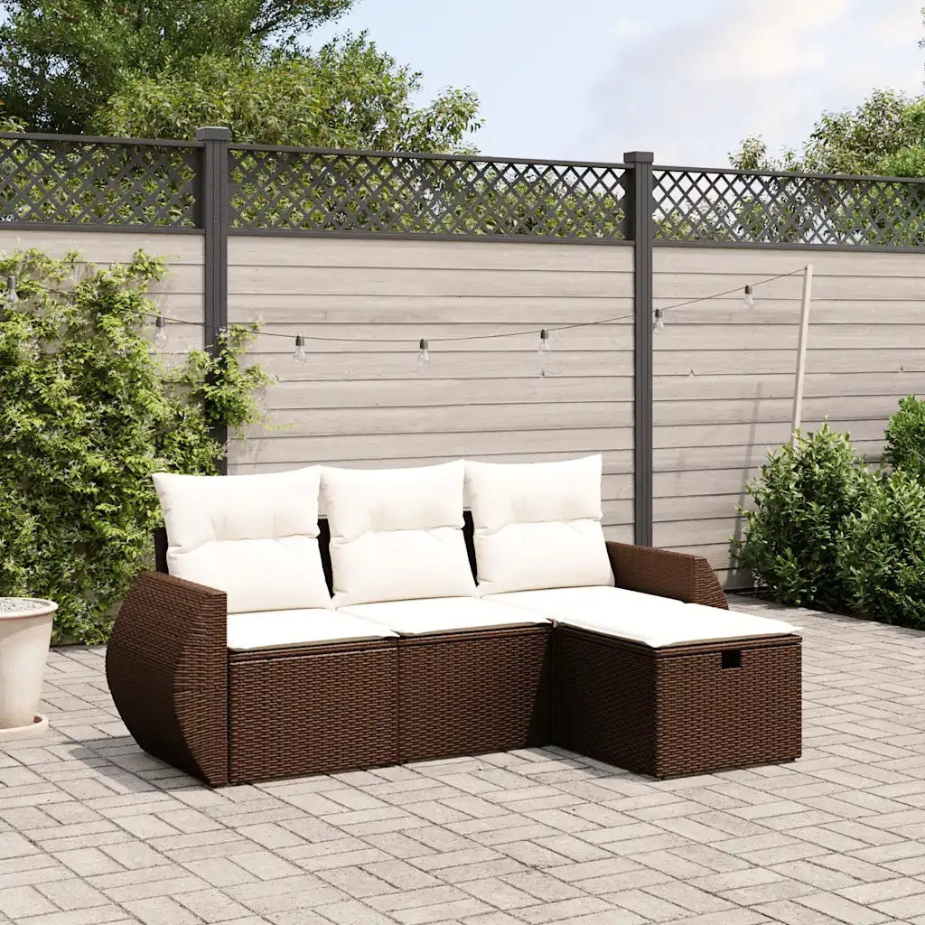 Set Divano da Giardino 4 pz con Cuscini Marrone in Polyrattan