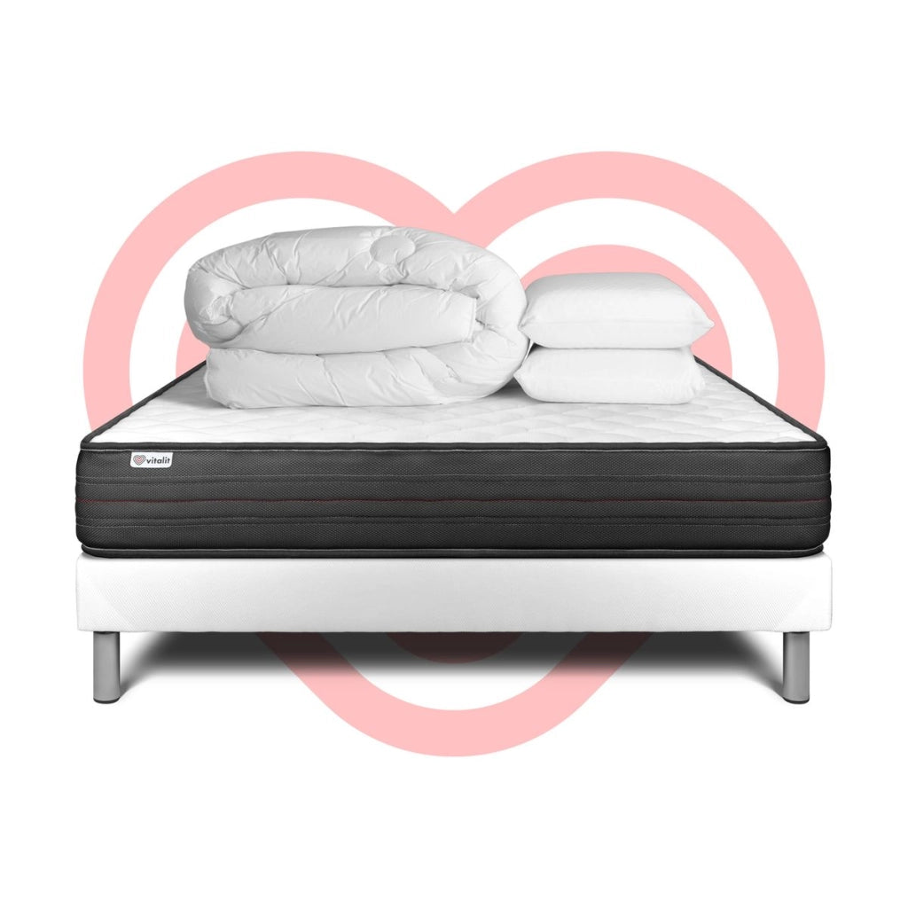 Pacchetto letto completo - Materasso 140x200cm + Box spring con doghe (in kit) + 2 cuscini + Piumino - Vitalpower