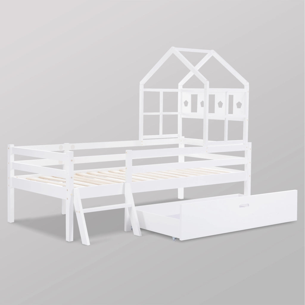 Letto a Soppalco per Bambini con Scala e Cassetti ¨C MINIMAL ¨C Massello Bianco 90x200 con Doghe