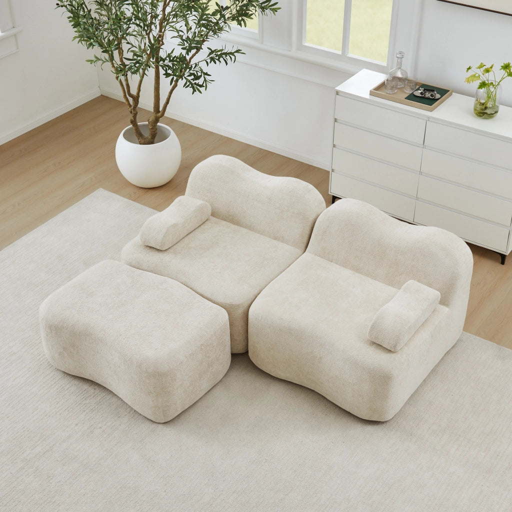 Divano Angolare Modulare 2 Posti con Ottoman ¨C MINIMAL ¨C Beige, Tessuto, Braccioli