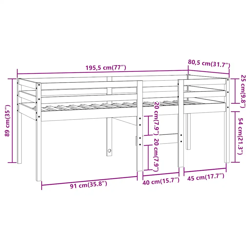 Letto a Soppalco Marrone Cera 75x190 cm Legno Massello di Pino