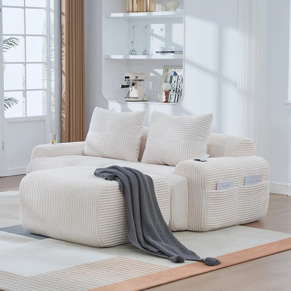 Canap¨¦ modulable in velluto costato per 2 persone - Xylo - Beige con porta-bevande e tasche laterali