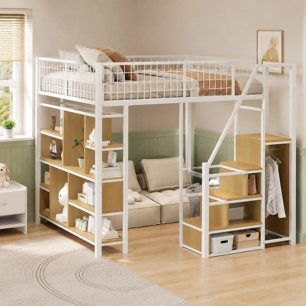 Letto a soppalco multifunzionale 140 x 200 cm in metallo e legno con scala contenitore, bianco