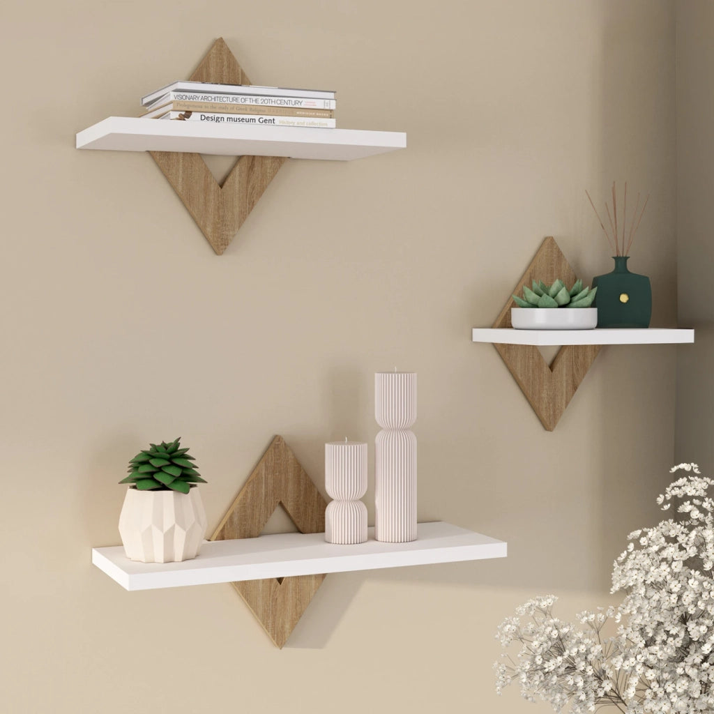 IDMarket - Set di 3 mensole a muro IRIS in faggio e bianco