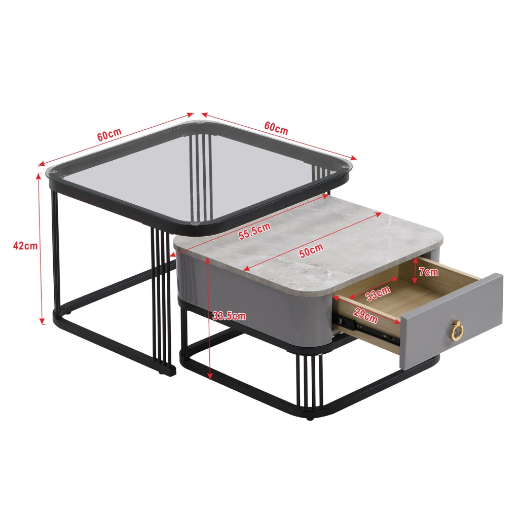 Tavolini da Caffè Impilabili 2 Pezzi con 1 Cassetto; Piano in Vetro e Effetto Marmo; Struttura in Metallo; in MDF; Nero; 60×60×42 cm