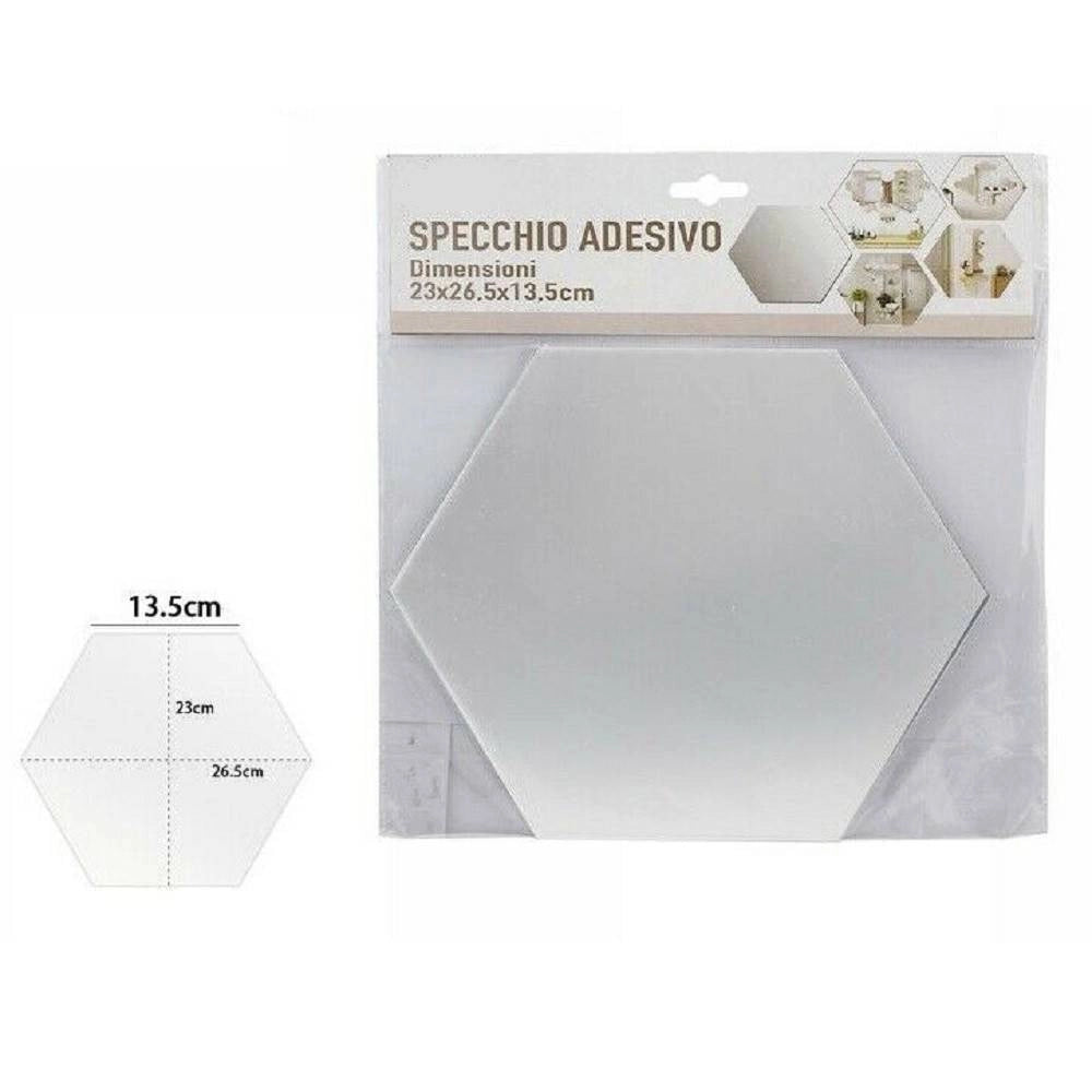 Trade Shop - Specchio Adesivo Esagonale Adesiva Murale Arredamento Casa 23x26.5x13.5cm 70878 -