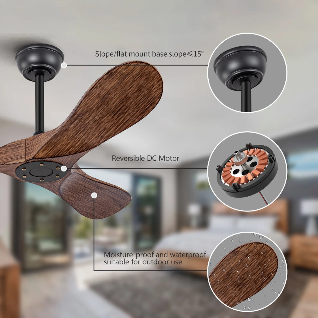 Ventilatore da soffitto senza luce con telecomando; motore DC reversibile; 3 pale in ABS; nero e noce scuro