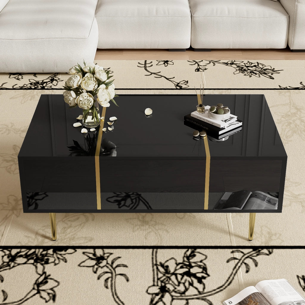 Tavolino da salotto 100x60x41.5 cm; finitura lucida con 2 cassetti; MDF nero