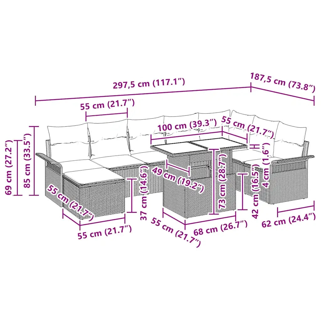 Set Divano da Giardino con cuscino 9 pcs Grigio chiaro 3357075